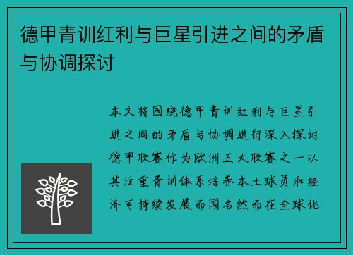 德甲青训红利与巨星引进之间的矛盾与协调探讨